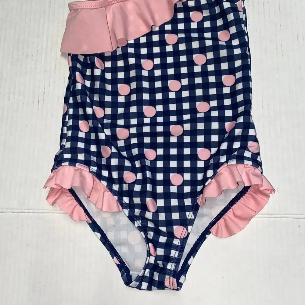 Andy & Evan Blue White Plaid Pink Ruffled One Piece Swim Bathing Suit Size 4T